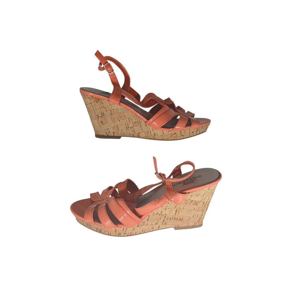Dressbarn Wedge Sandals Size 8 Coral Patent Cork Strappy Summer Tropical Boho